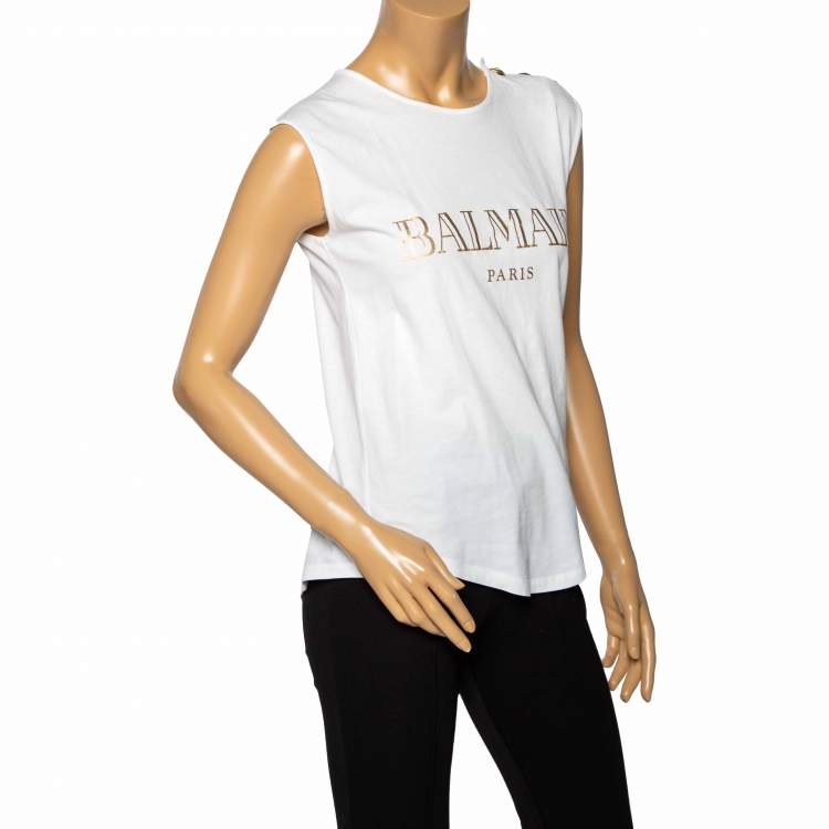 Pre Owned Balmain White Logo Printed Cotton Sleeveless Top M