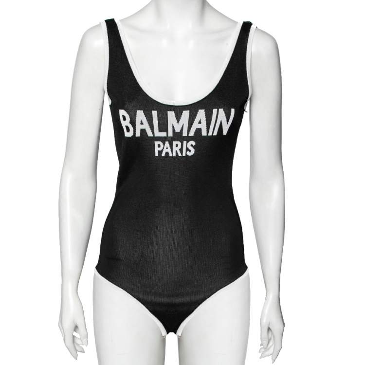 Pre Owned Balmain Black Knit Logo Printed Sleeveless Bodysuit S 