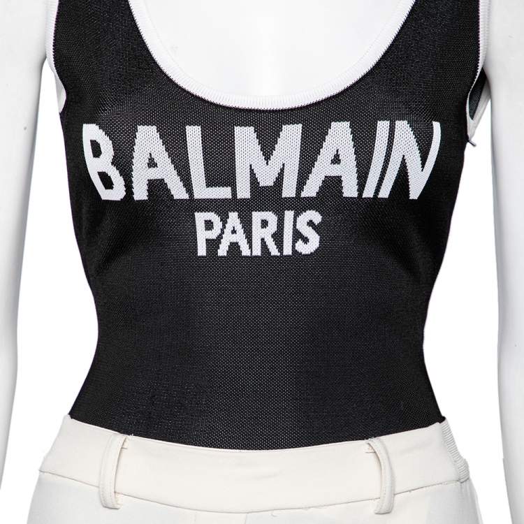 Pre Owned Balmain Black Knit Logo Printed Sleeveless Bodysuit S 