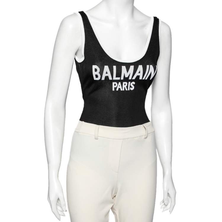 Pre Owned Balmain Black Knit Logo Printed Sleeveless Bodysuit S 