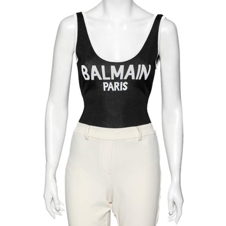 Pre Owned Balmain Black Knit Logo Printed Sleeveless Bodysuit S 