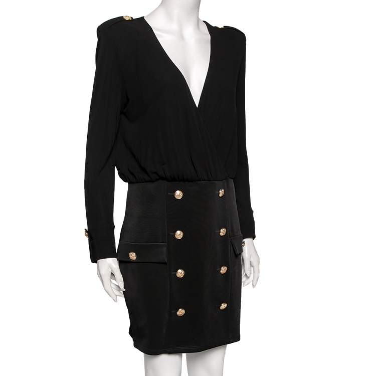 Pre Owned Balmain Black Jersey & Knit Button Detailed Short Dress L