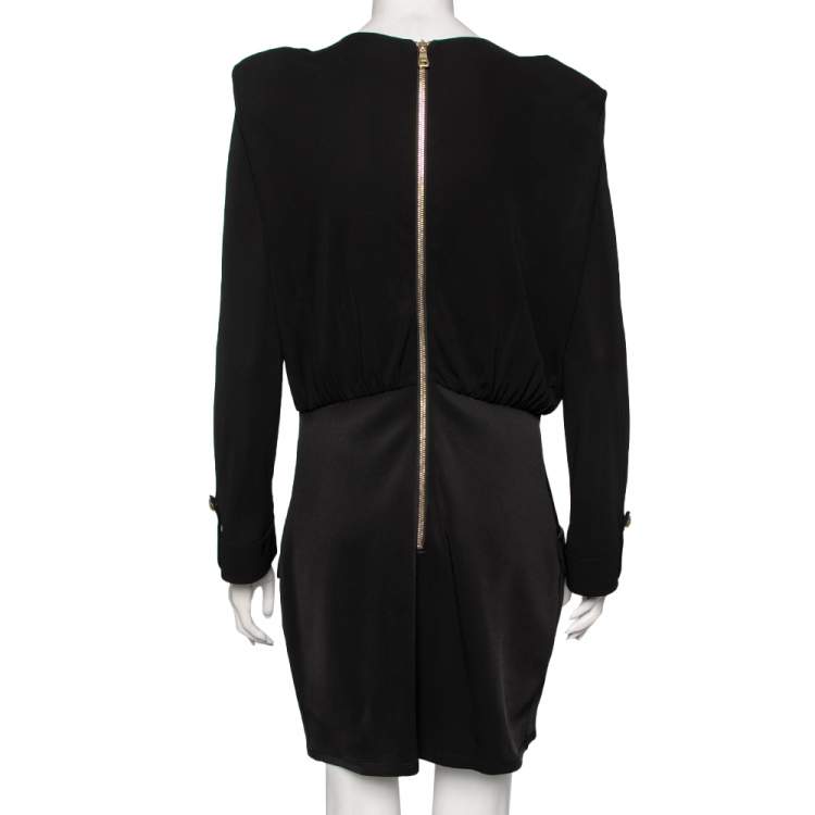 Pre Owned Balmain Black Jersey & Knit Button Detailed Short Dress L