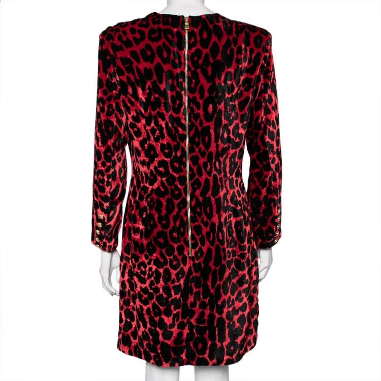 Pre Owned Balmain Red & Black Leopard Print Velvet Mini Dress L