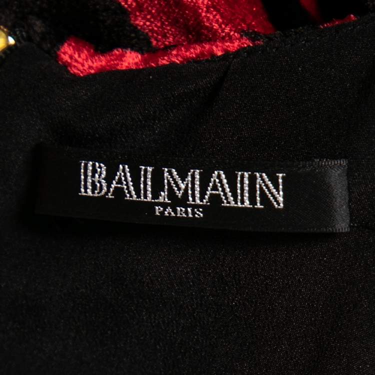 Pre Owned Balmain Red & Black Leopard Print Velvet Mini Dress L