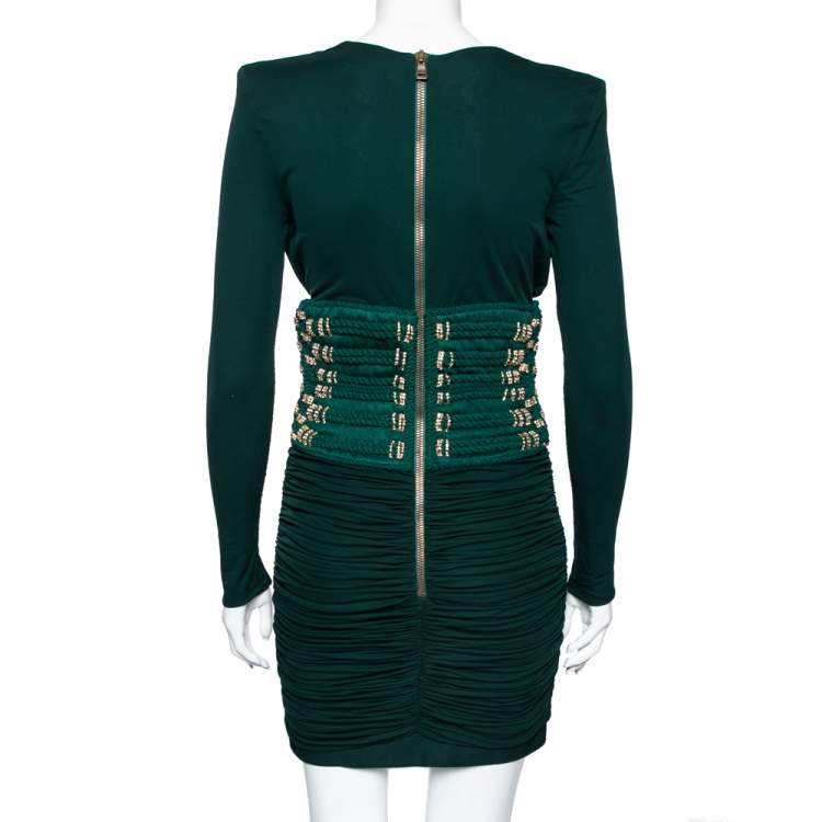 Pre Owned Balmain Green Jersey Embellished Detailed Ruched Dress M