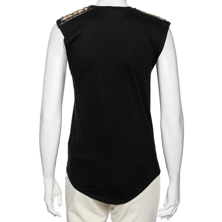 Pre Owned Balmain Black Cotton Metal & Leather Shoulder Trim Sleeveless T-Shirt S 