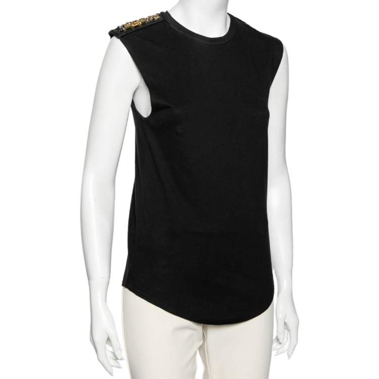 Pre Owned Balmain Black Cotton Metal & Leather Shoulder Trim Sleeveless T-Shirt S 