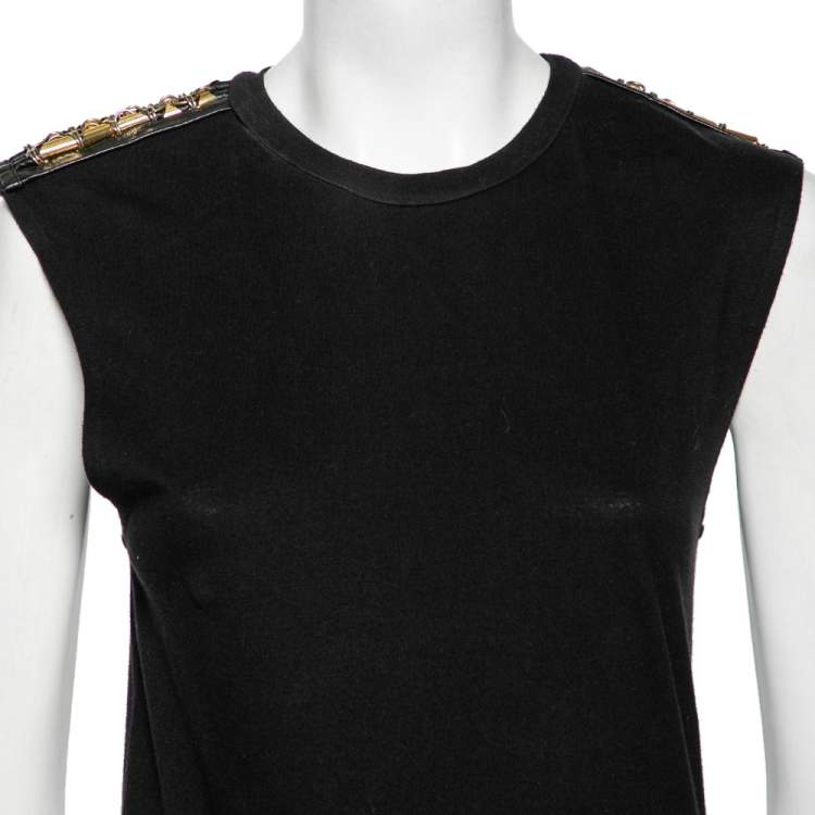 Pre Owned Balmain Black Cotton Metal & Leather Shoulder Trim Sleeveless T-Shirt S 