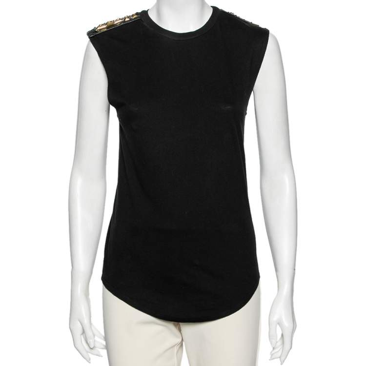 Pre Owned Balmain Black Cotton Metal & Leather Shoulder Trim Sleeveless T-Shirt S 