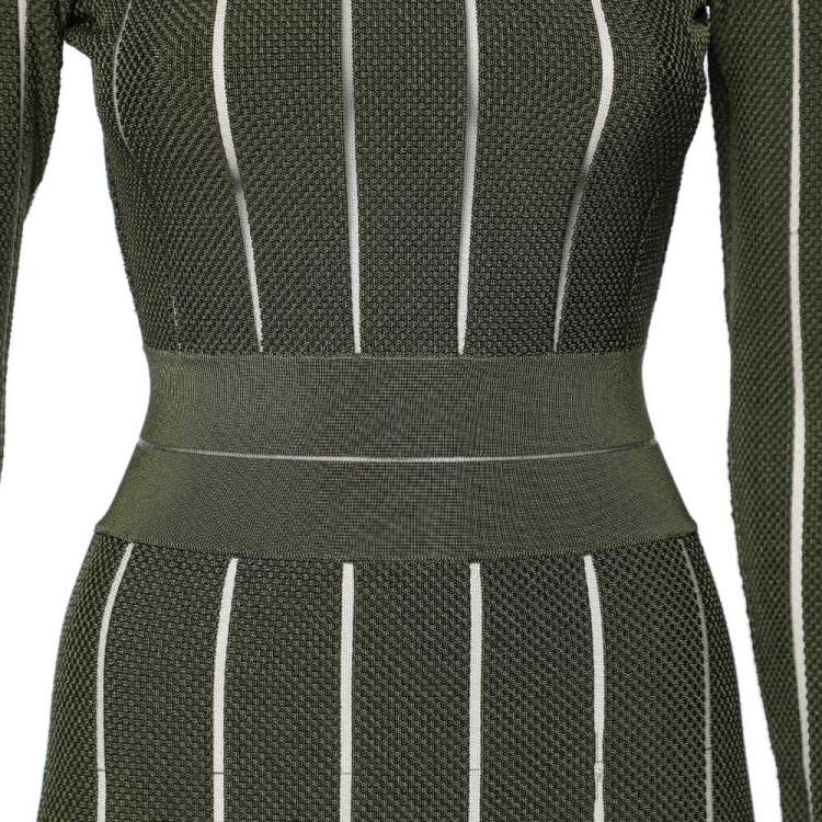 Pre Owned Balmain Dark Green Sheer Striped Textured Knit Sheath Dress S