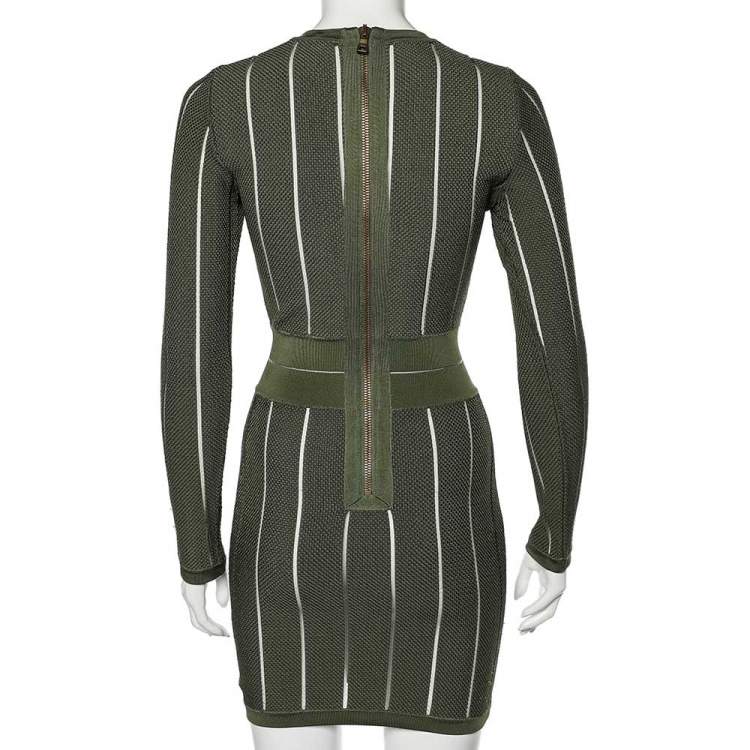 Pre Owned Balmain Dark Green Sheer Striped Textured Knit Sheath Dress S