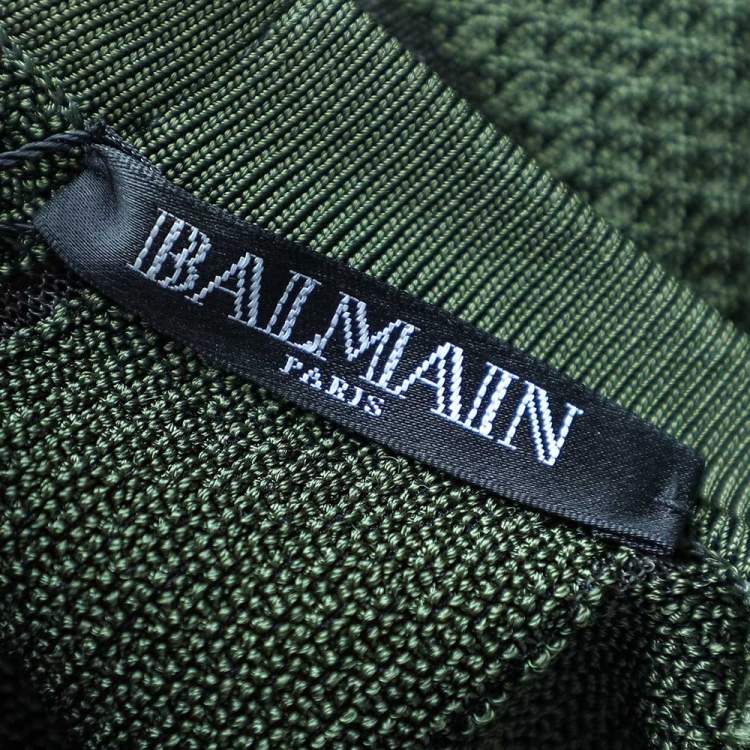 Pre Owned Balmain Dark Green Sheer Striped Textured Knit Sheath Dress S