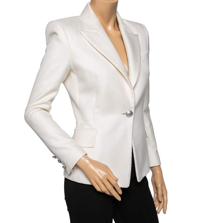 Pre Owned Balmain Off White Textured Cotton & Silk Single Breasted Blazer M