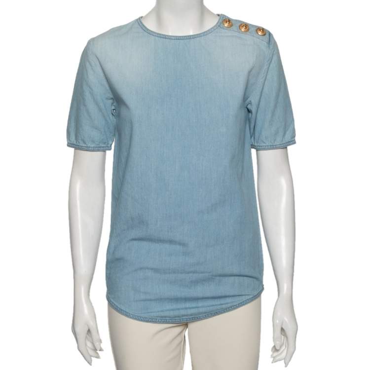 مملوكة مسبقًا Balmain Blue Chambray Short Sleeve T-Shirt S