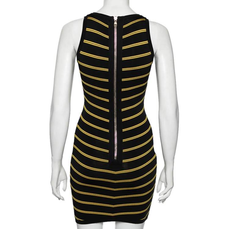 Pre Owned Balmain Black & Yellow Patterned Knit Sleeveless Bodycon Dress S 