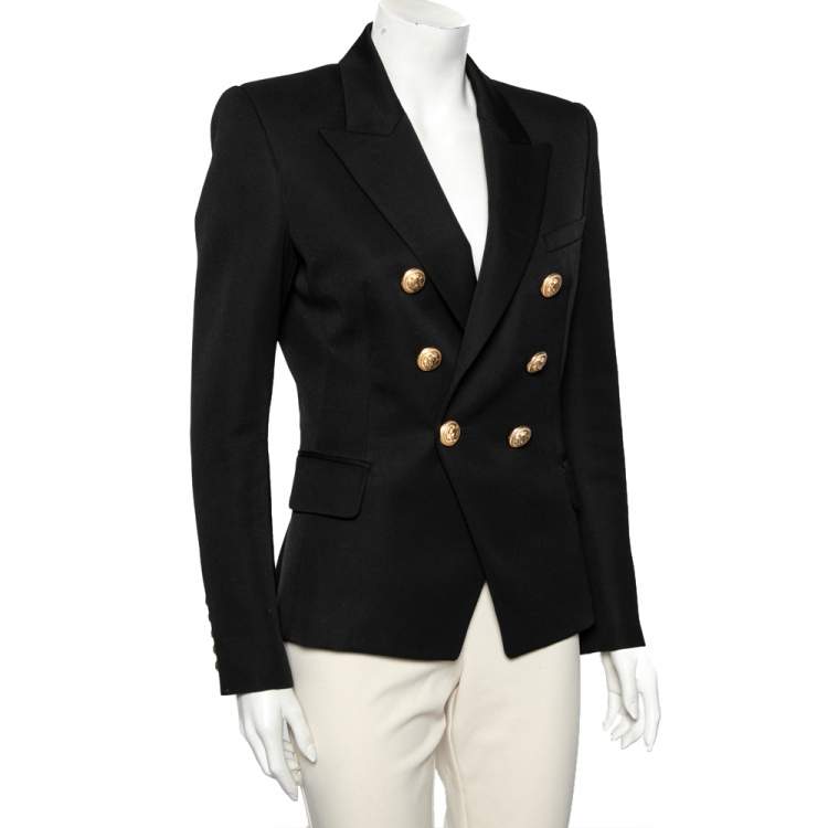 Pre Owned Balmain Black Wool Embossed Button Double Breasted Blazer M