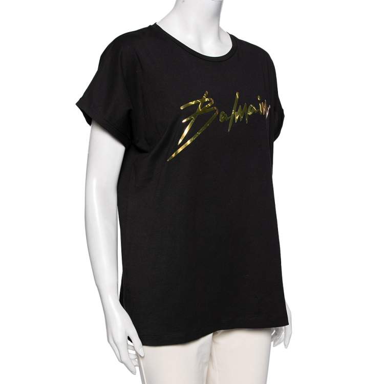 Pre Owned Balmain Black Cotton Foil Logo Top L