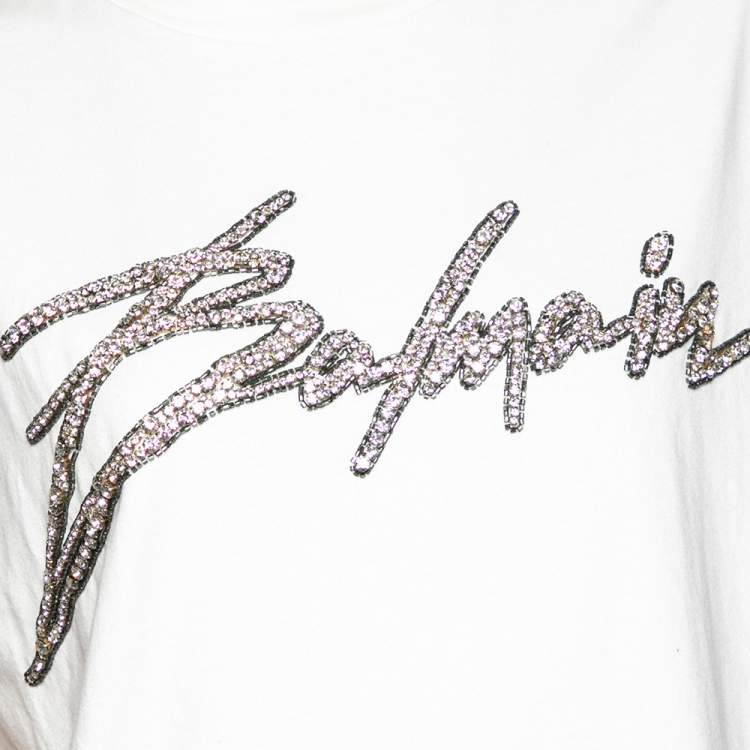 Pre Owned Balmain White Cotton Crystal Embellished Logo Top S