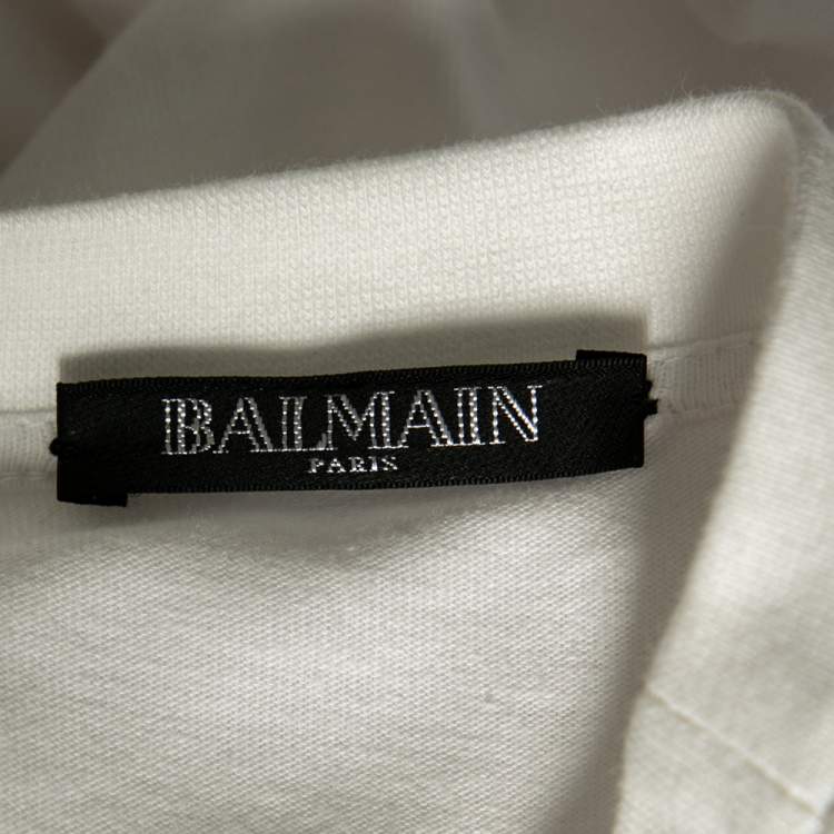 Pre Owned Balmain White Cotton Crystal Embellished Logo Top S