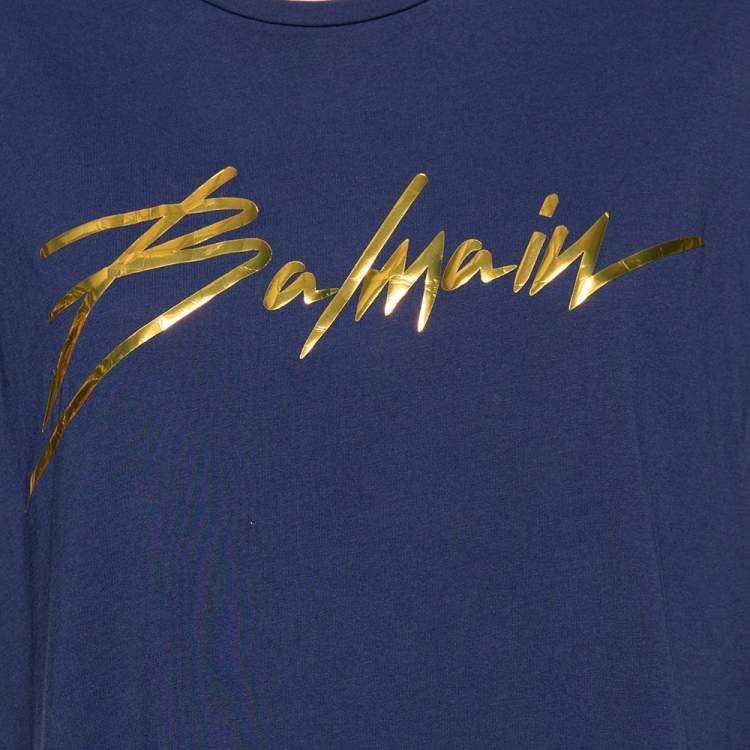 Pre Owned Balmain Blue Cotton Foil Logo Top L