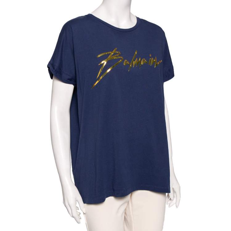 Pre Owned Balmain Blue Cotton Foil Logo Top L