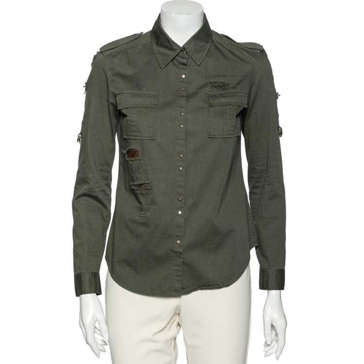 Balmain Green Cotton Distressed Embellished Button Front Military Shirt M Balmain |