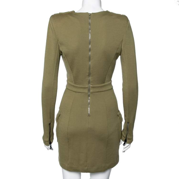 Pre Owned Balmain Green Wool Drape Button Front Long Sleeve Midi Dress S