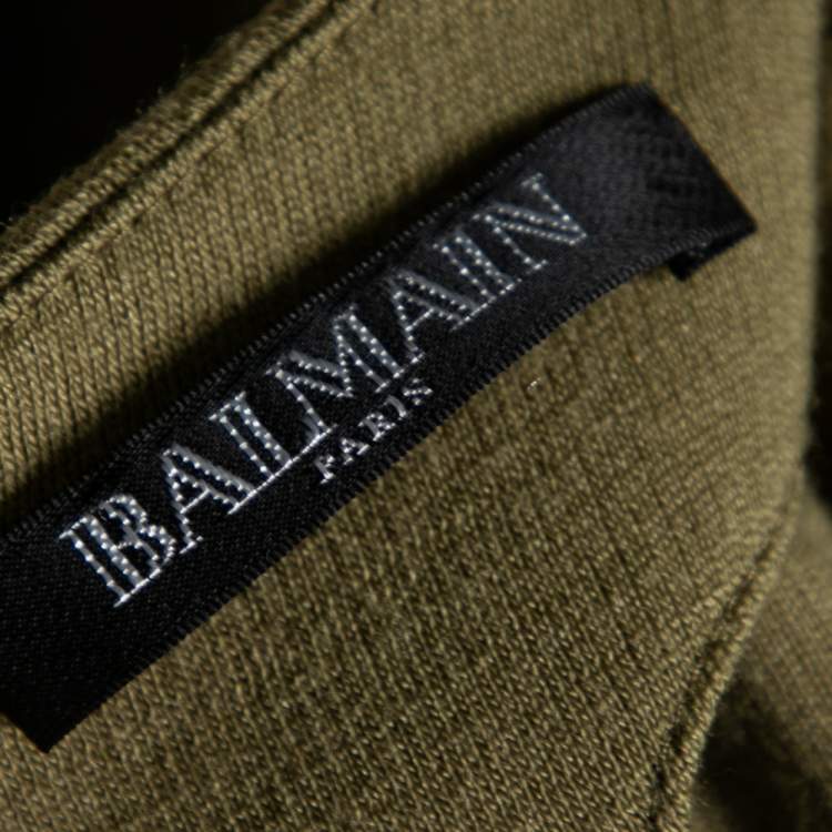 Pre Owned Balmain Green Wool Drape Button Front Long Sleeve Midi Dress S