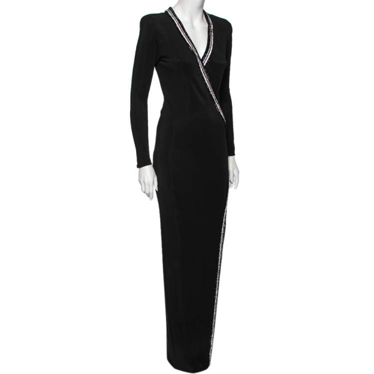 Pre Owned Balmain Black Jersey Crystal Embellished Slit Detailed Maxi Dress M
