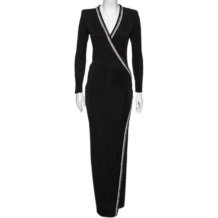 Pre Owned Balmain Black Jersey Crystal Embellished Slit Detailed Maxi Dress M