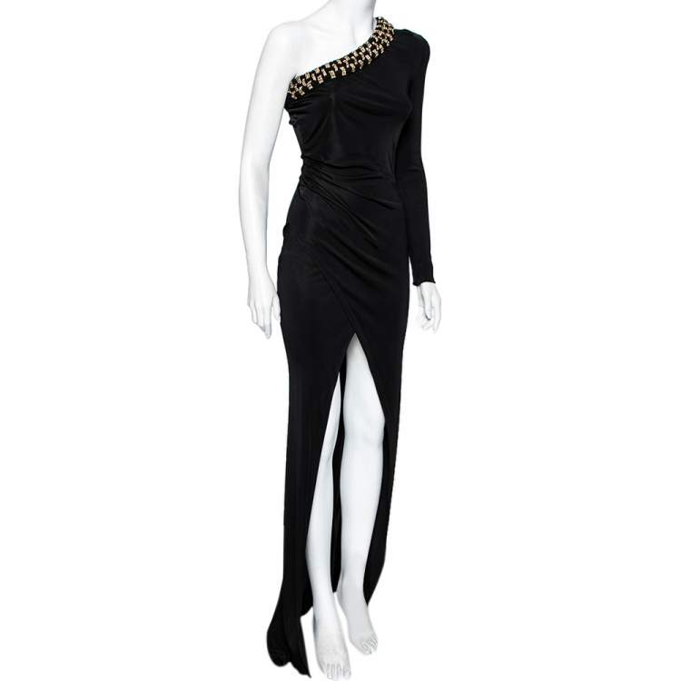 Balmain Black Jersey Crystal Embellished Draped One Shoulder Evening Gown S  Balmain | TLC
