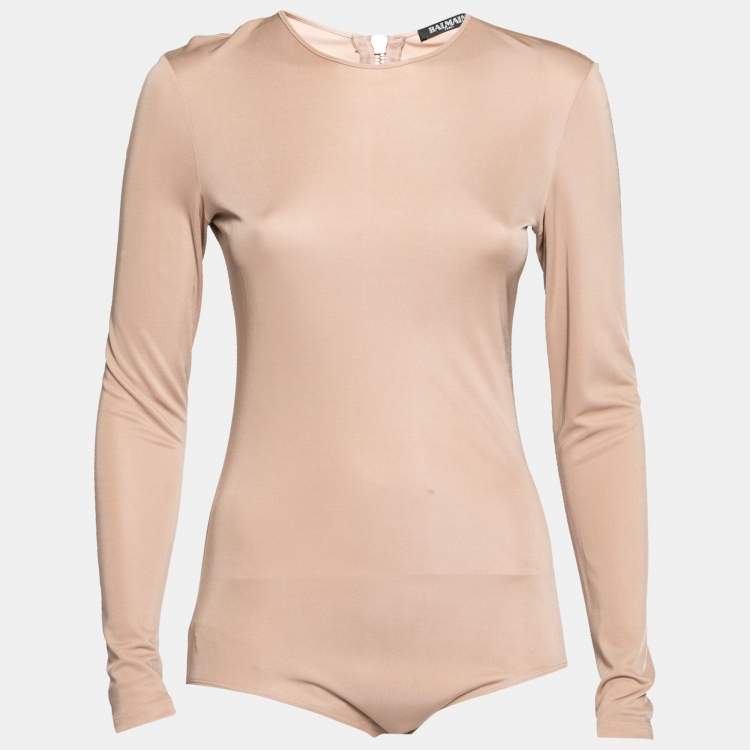 Pre Owned Balmain Nude Stretch Knit Long Sleeve Bodysuit M 