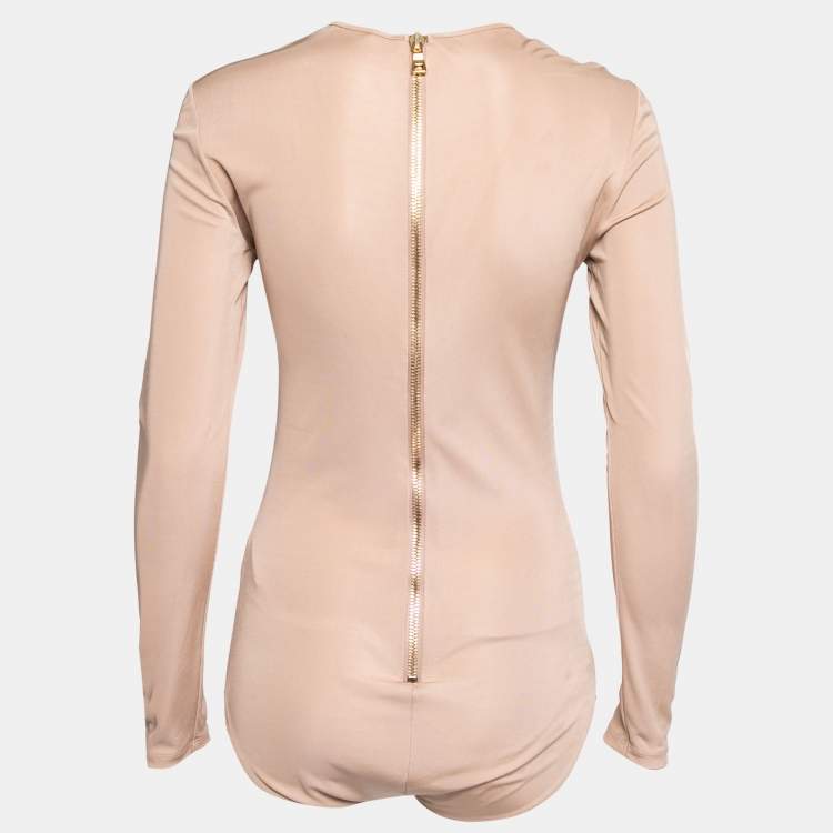 Pre Owned Balmain Nude Stretch Knit Long Sleeve Bodysuit M 