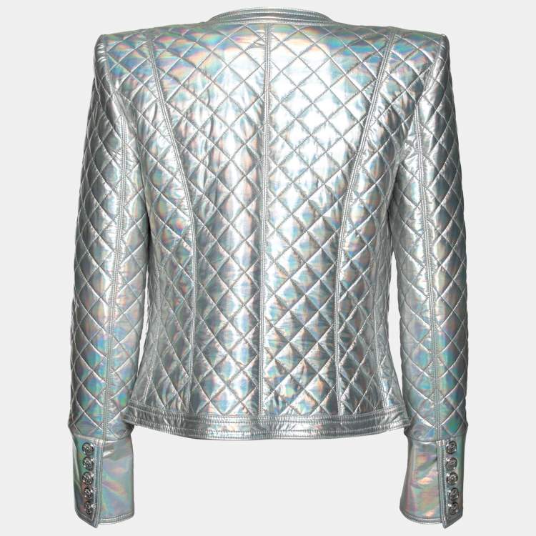Pre Owned Balmain Silver Holographic Quilted Open Front Jacket M
