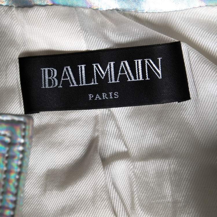 Pre Owned Balmain Silver Holographic Quilted Open Front Jacket M