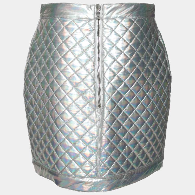 Pre Owned Balmain Silver Quilted Mini Skirt L