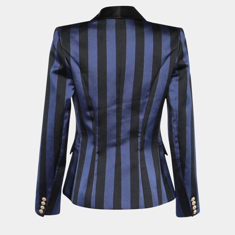 Pre Owned Balmain Blue & Black Striped Satin Blazer M