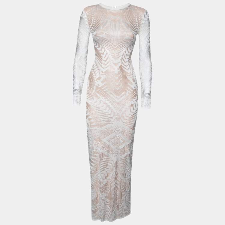 Pre Owned Balmain White Geometric Open Knit Long Sleeve Fitted Dress S