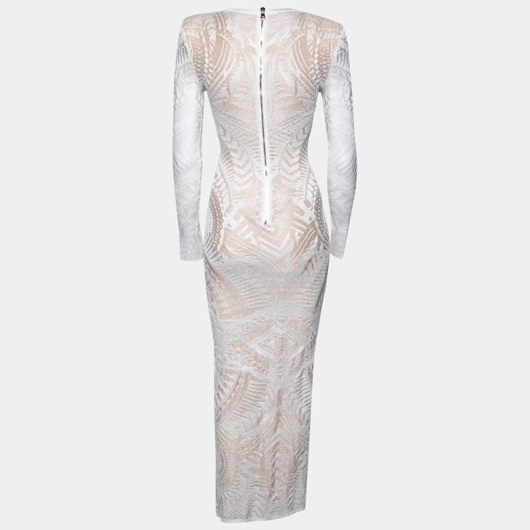 Pre Owned Balmain White Geometric Open Knit Long Sleeve Fitted Dress S