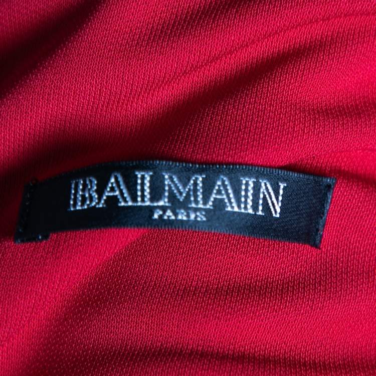Pre Owned Balmain Red Knit Engraved Button Embellished Pleated Front Dress M