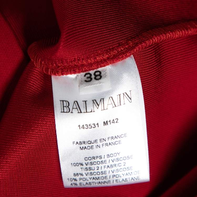 Pre Owned Balmain Red Knit Engraved Button Embellished Pleated Front Dress M