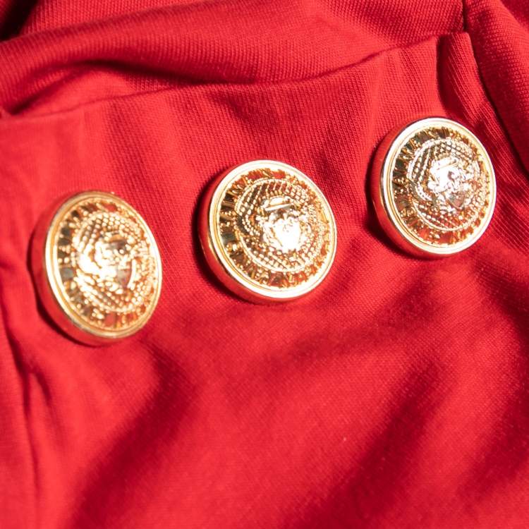 Pre Owned Balmain Red Logo Printed Button Studded Crew Neck T-shirt M