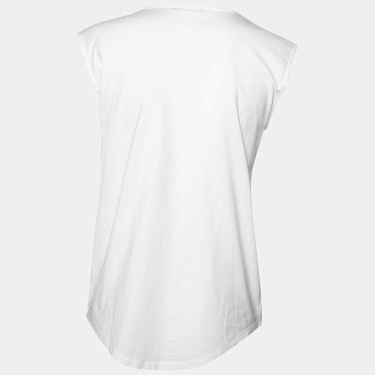 Pre Owned Balmain White Logo Printed Button Studded Sleeveless Top M