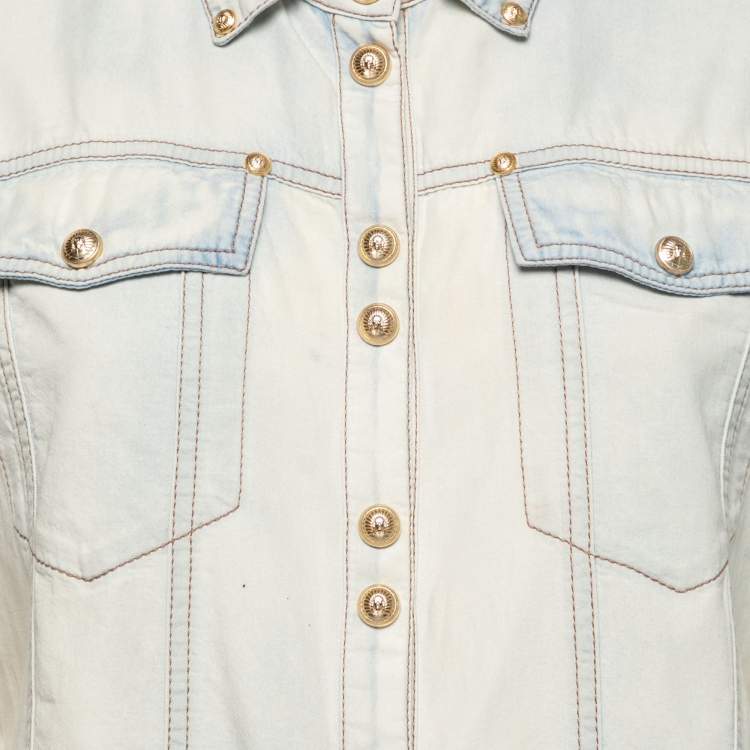 Pre Owned Balmain Bleached Blue Denim Long Sleeve Button Front Shirt M