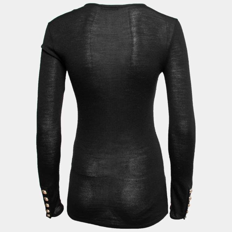 Pre Owned Balmain Black Wool Button Detail Long Sleeve Sweater M