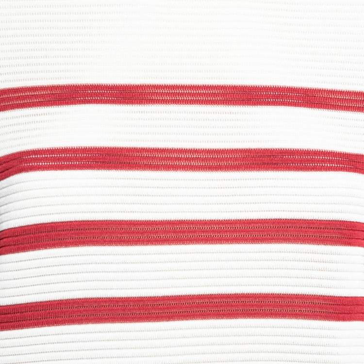 Pre Owned Balmain Ivory & Red Striped Knit Button Detail Long Sleeve Dress M