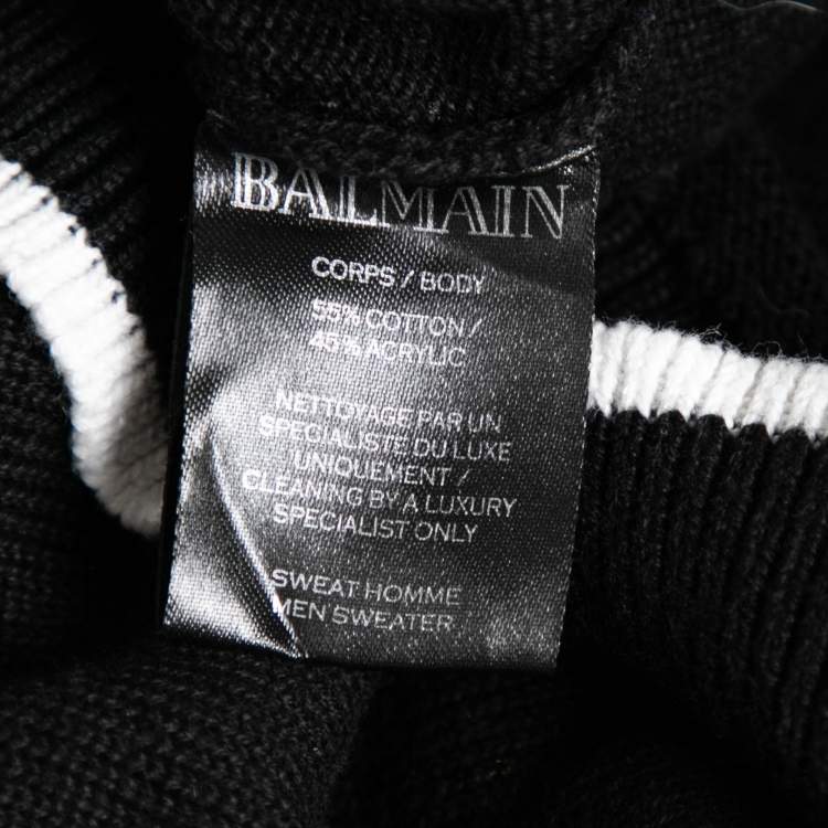 Pre Owned Balmain Black Intarsia Knit Zip Detail Long Sleeve Sweater XS