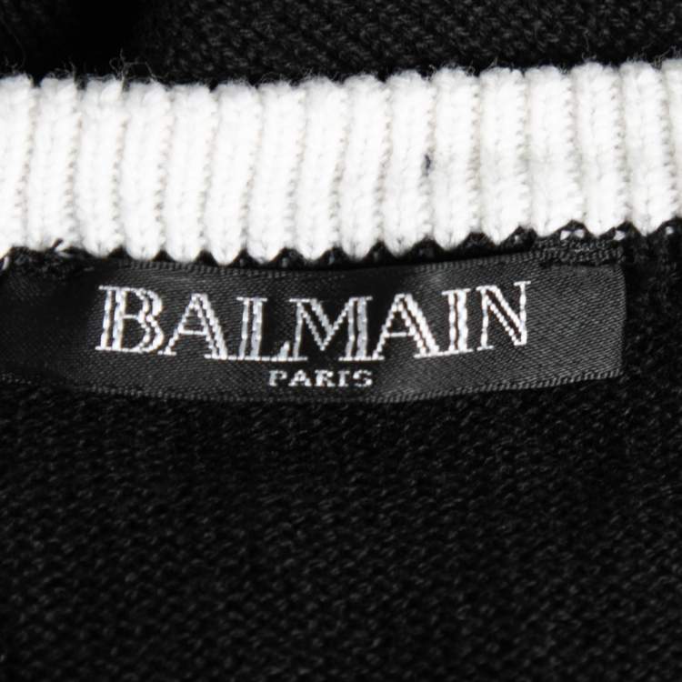 Pre Owned Balmain Black Intarsia Knit Zip Detail Long Sleeve Sweater XS