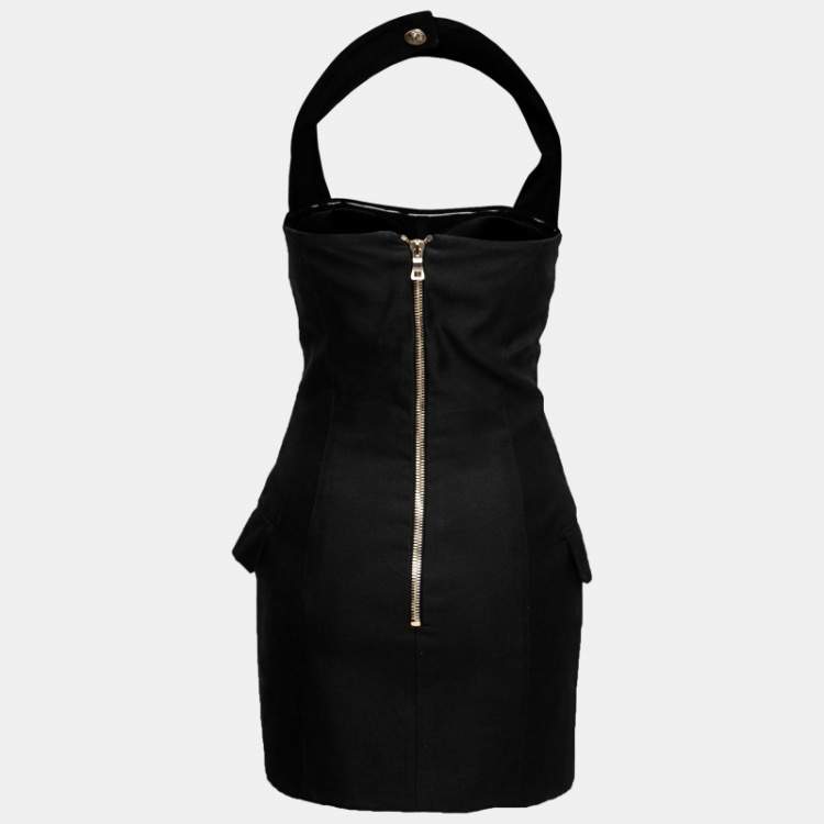 Pre Owned Balmain Black Cotton Double Breasted Halter Neck Short Dress L